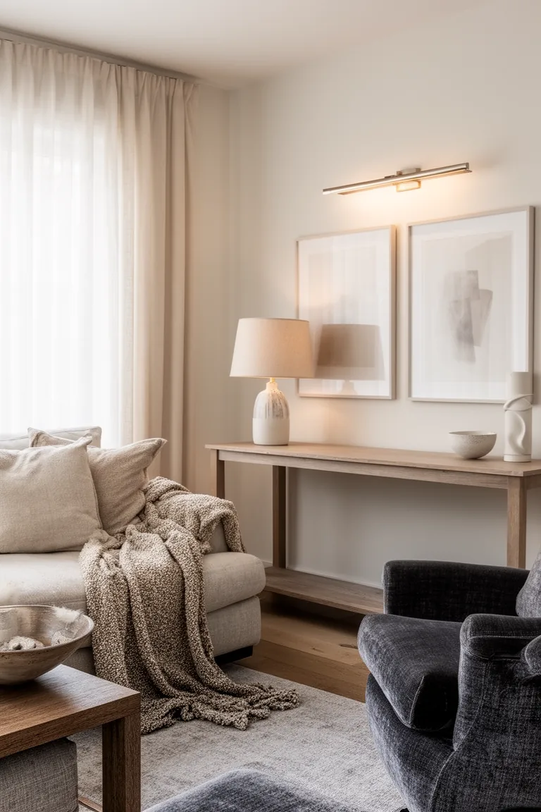 Console with a table lamp and picture light over neutral art