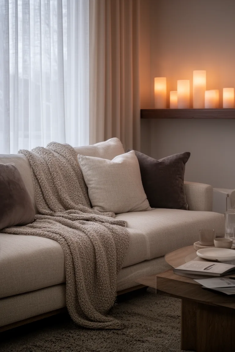 Flameless candles glowing on a shelf in a neutral room