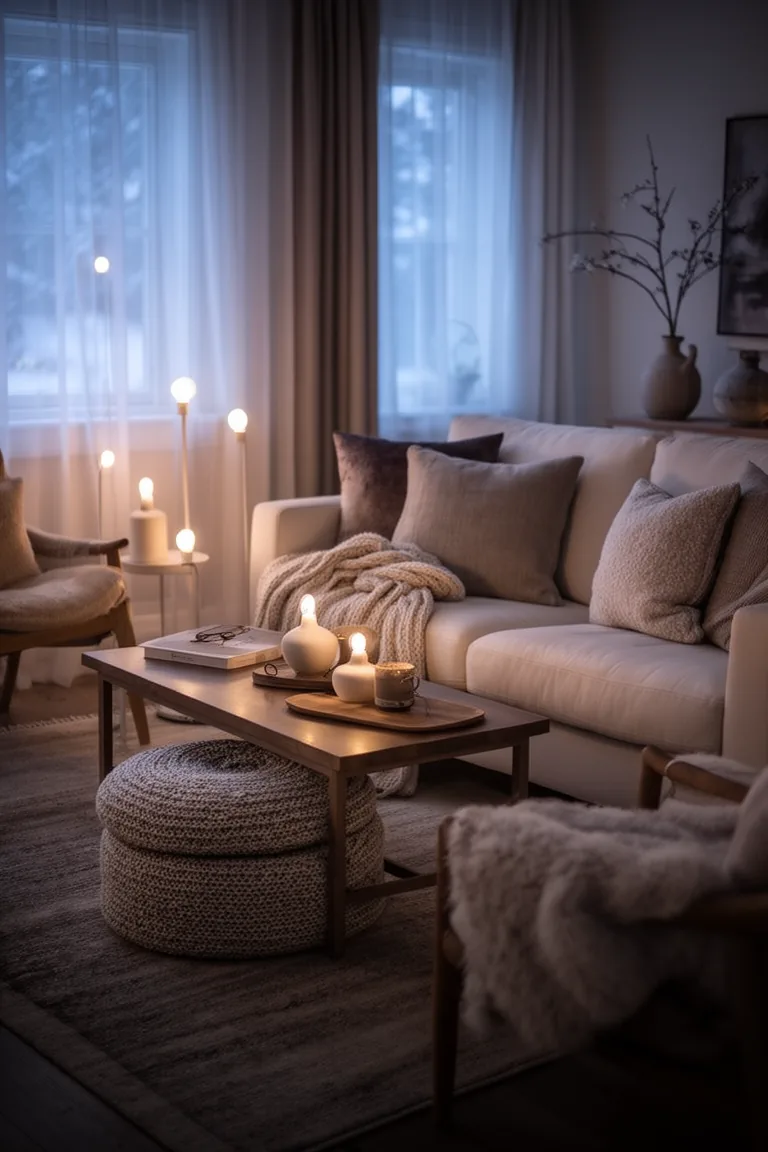 Moody winter living room with warm white bulbs