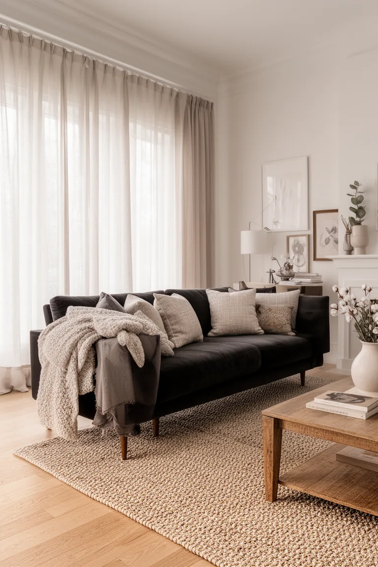 Neutral living room in warm whites and greige with a charcoal sofa