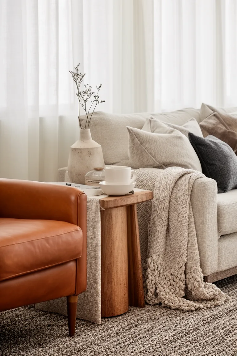 Living room corner with caramel leather and oatmeal linen