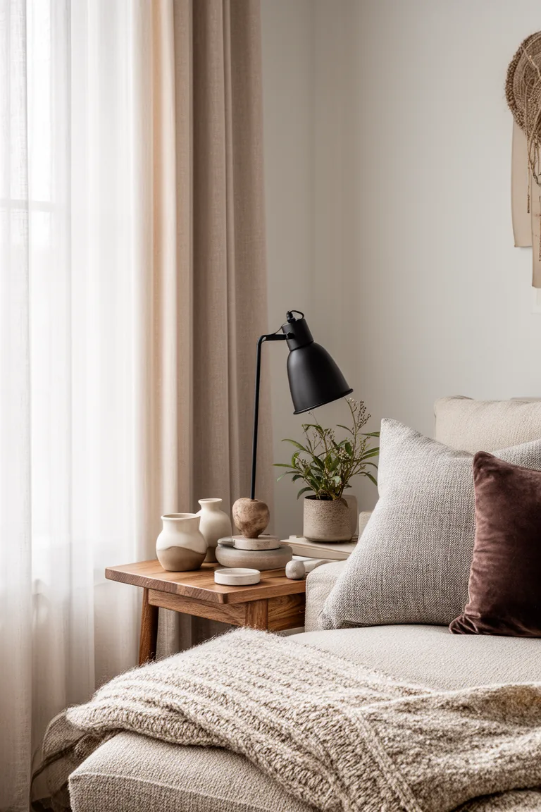 Neutral palette vignette with taupe and a black metal lamp