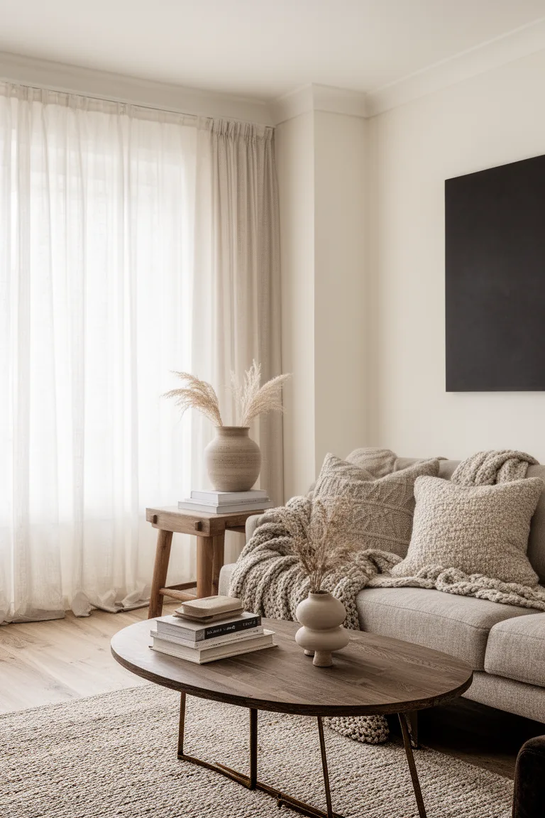 Creamy white living room with one dark contrast accent