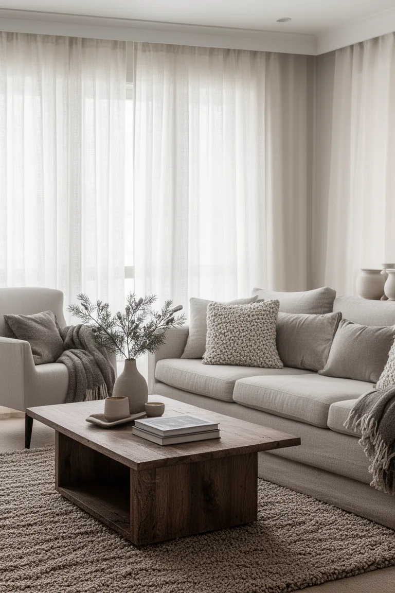 Greige living room with soft winter daylight