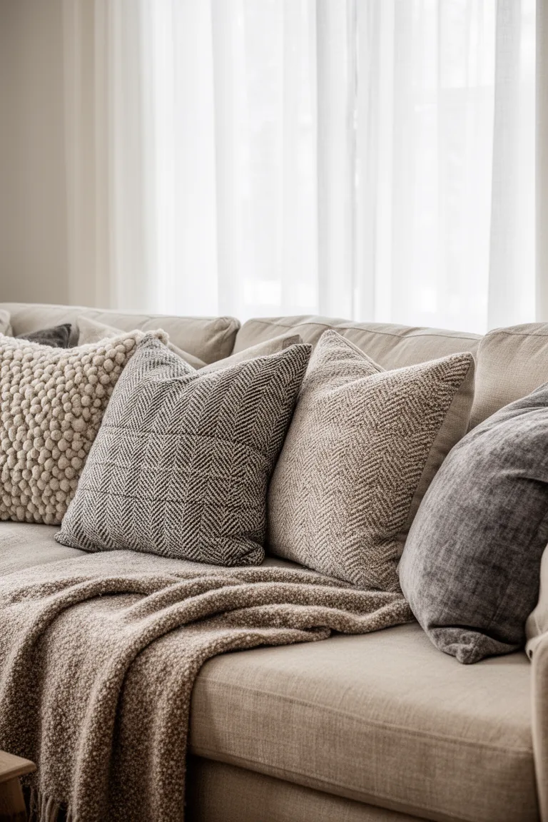 Linen sofa layered with boucle pillows and a wool throw