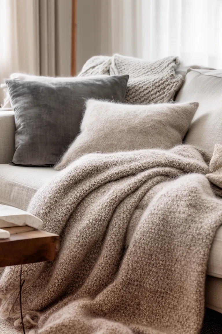 Winter textiles in wool, mohair and thick linen, close up