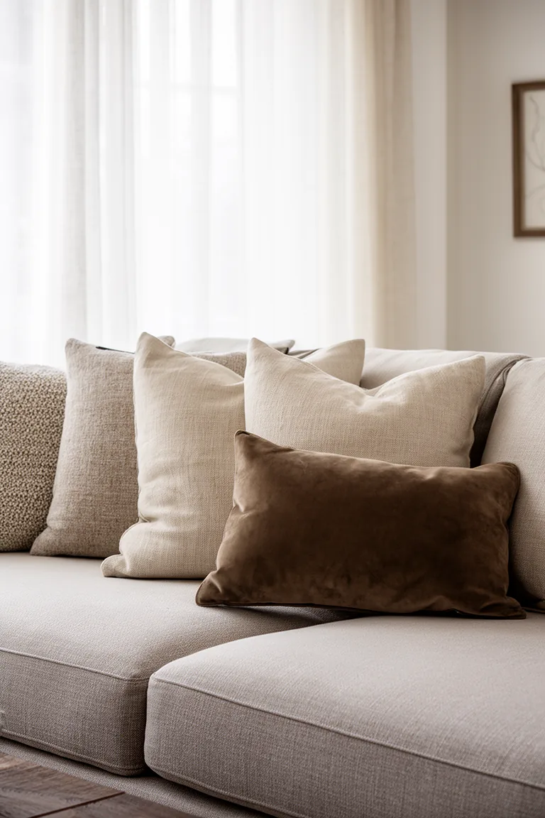 Suede lumbar layered with oatmeal linen pillows