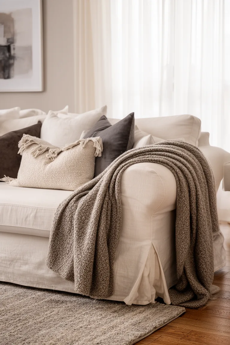 Neutral throw draped over a slipcovered sofa arm