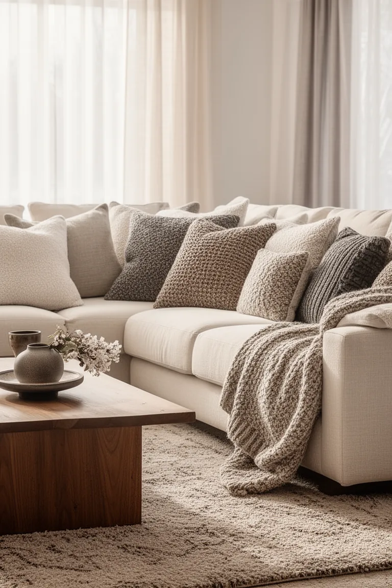 Neutral sofa full of luxe winter textures in warm light