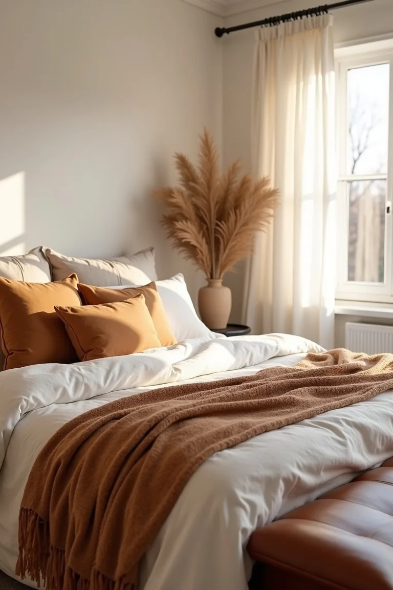 Ivory bed warmed with caramel and cocoa accents