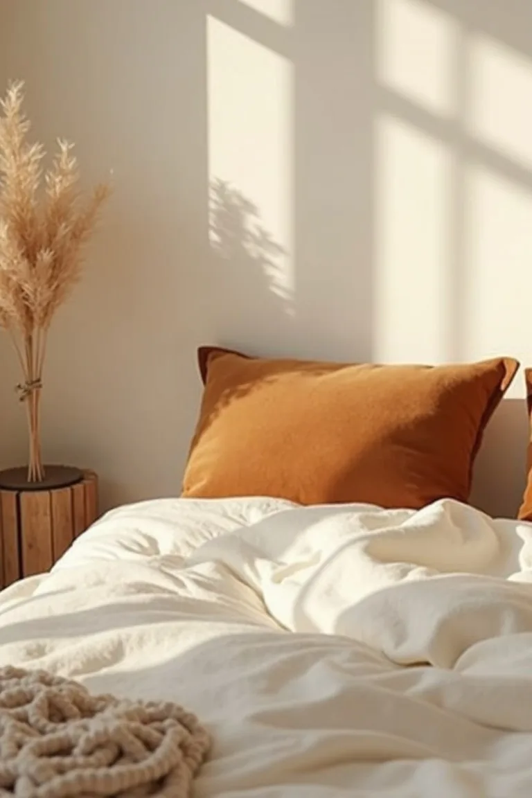 Caramel velvet and suede pillows on creamy bedding