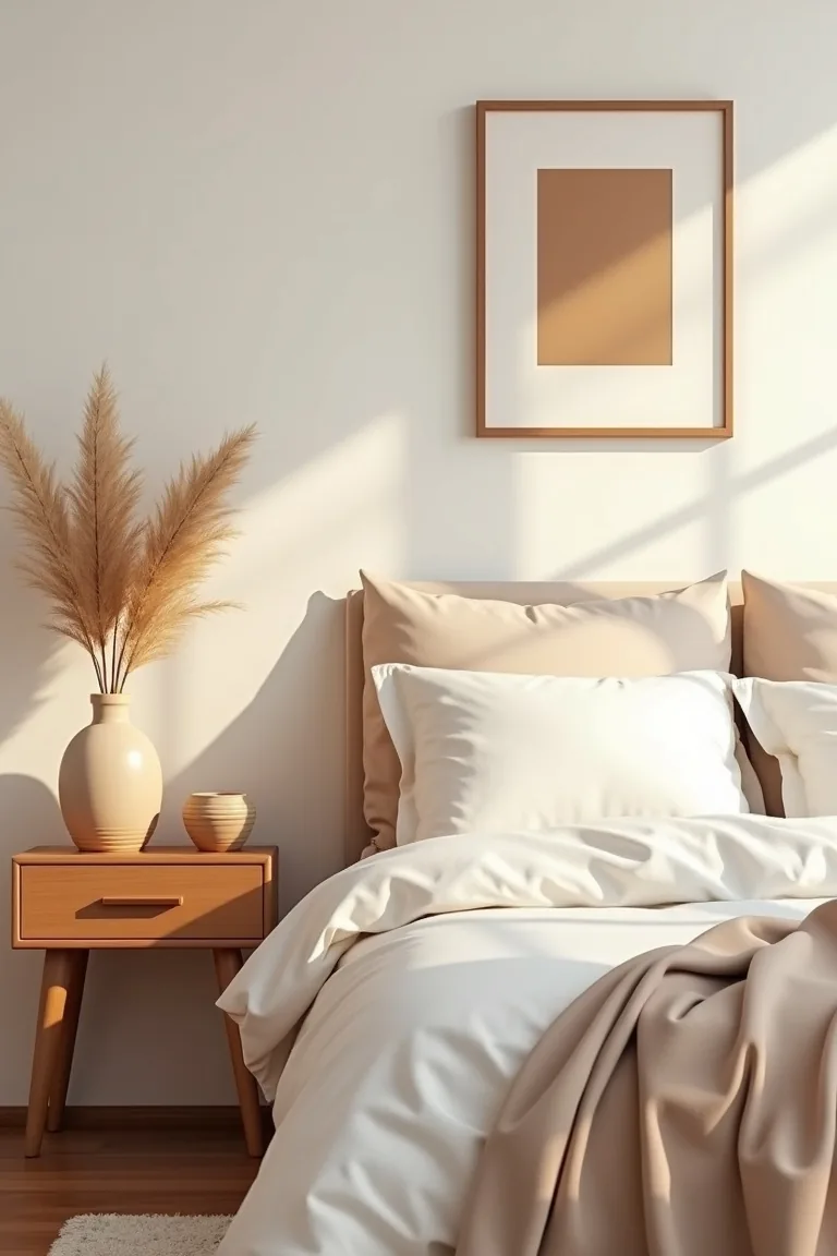 Warm wood nightstand with a sand vase and sepia print