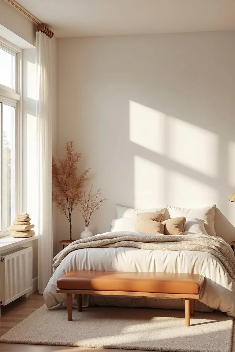 Winter bedroom leaning into caramel, cognac and cocoa
