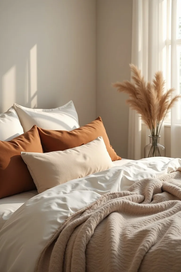 Cocoa and almond textiles layered on an ivory bed