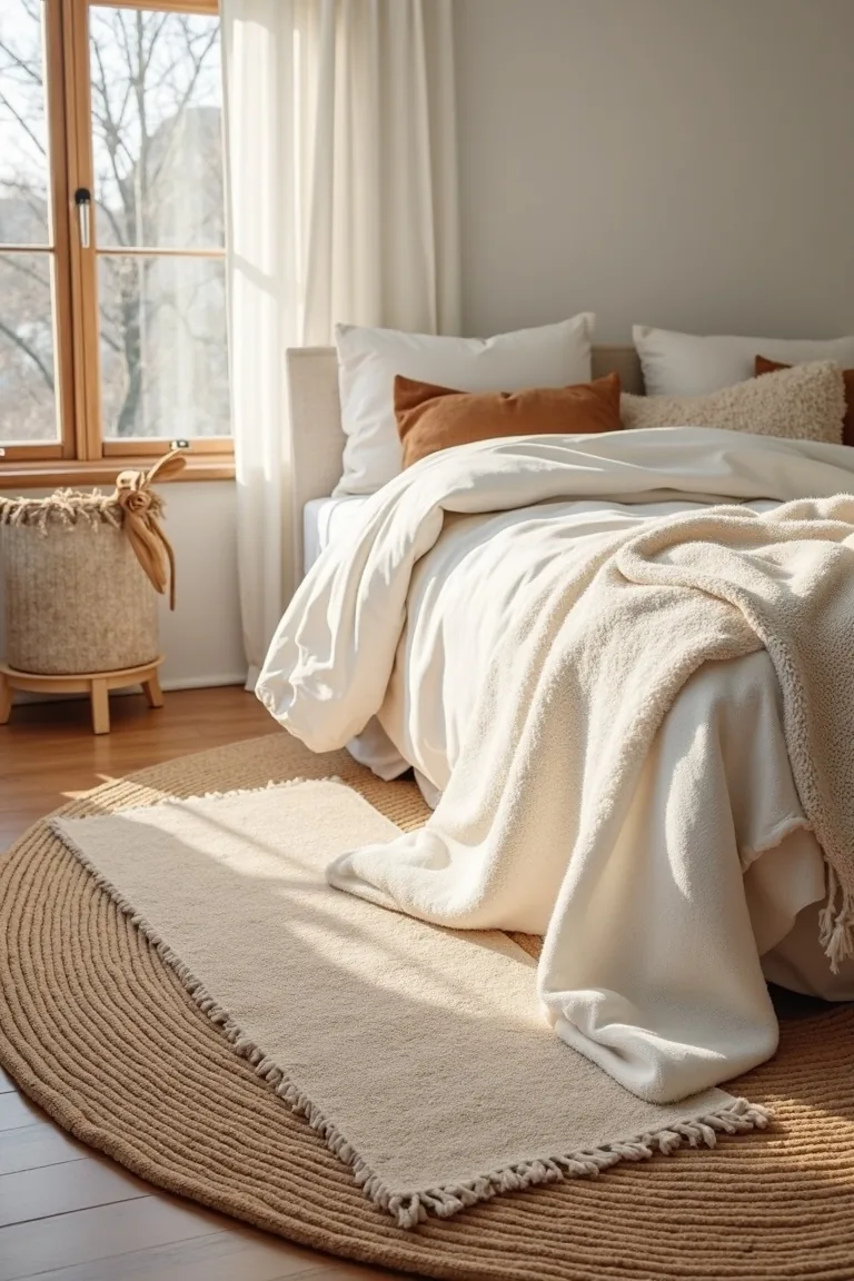 Layered jute base rug and plush cream-on-beige runner by a bed