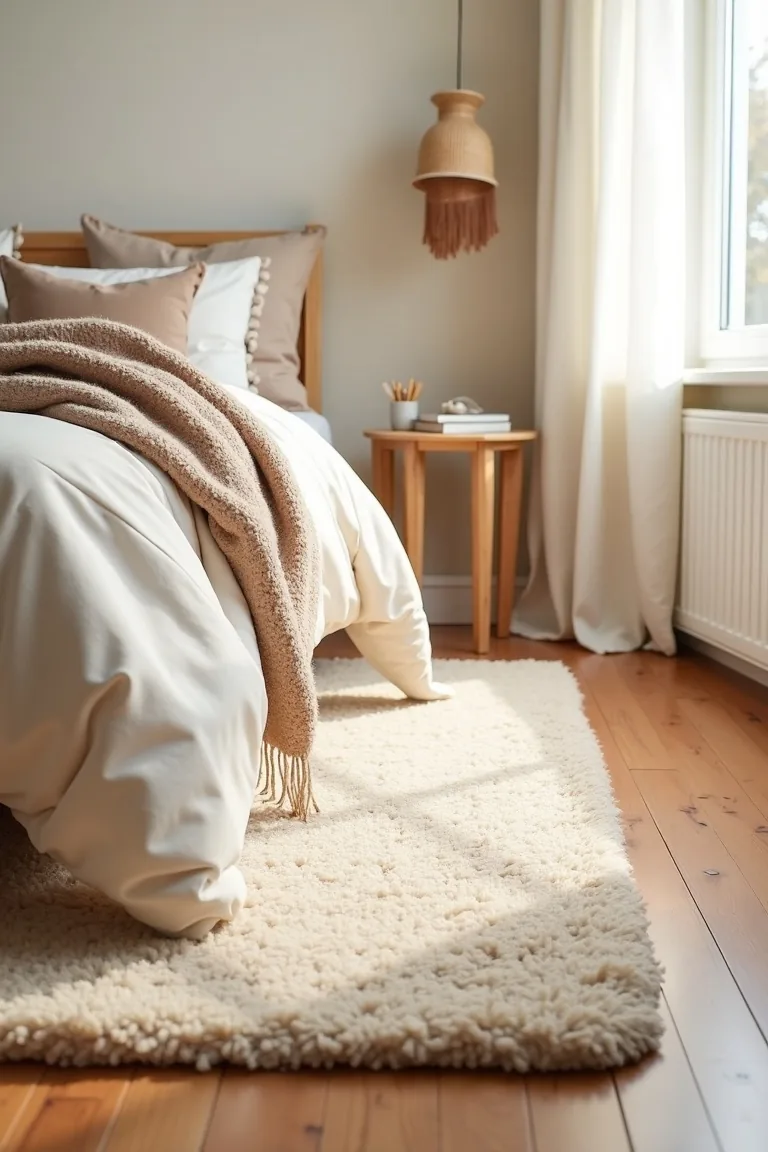 Plush shag runner over a flat jute rug on warm wood floor