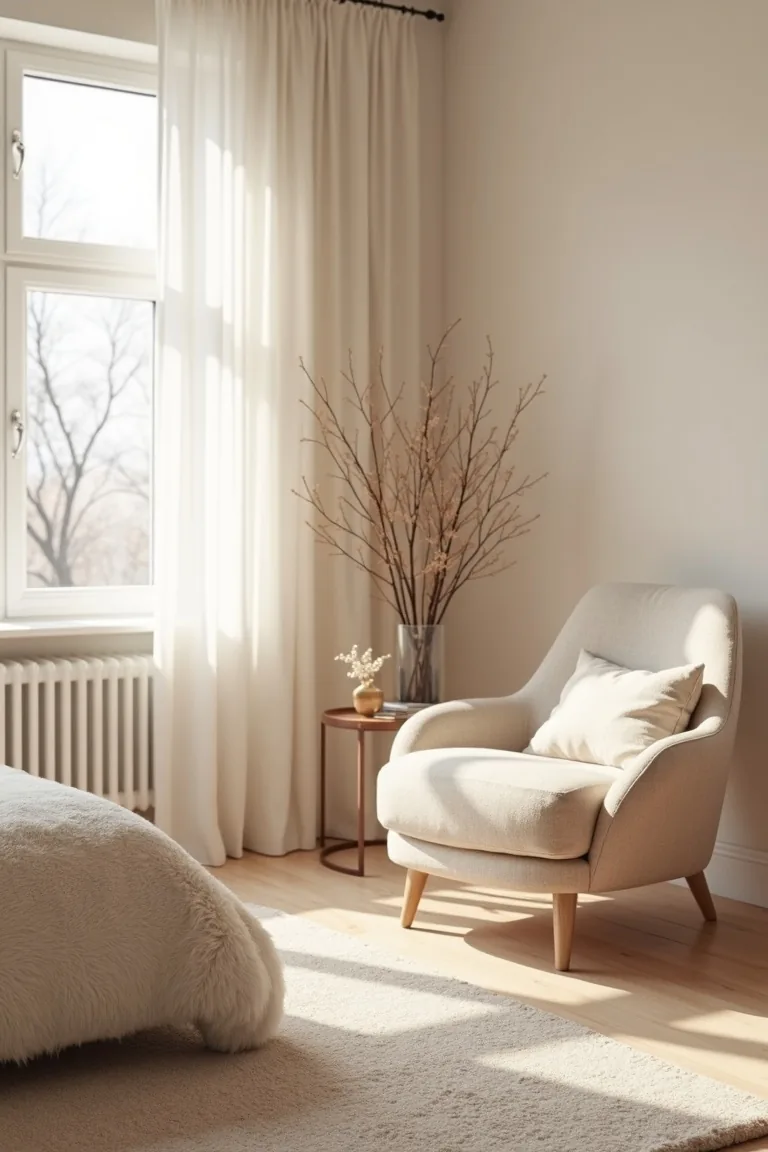 Soft sheepskin layered near a neutral reading chair