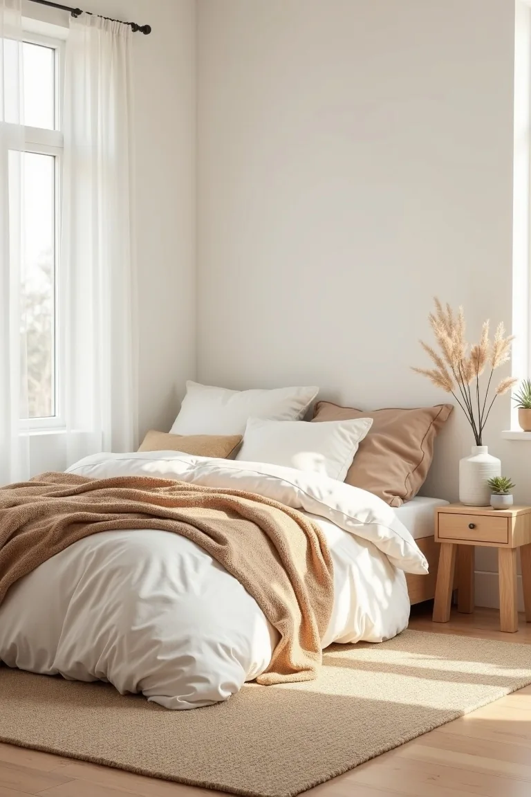 Layered neutral rugs beside a winter bed in oatmeal tones