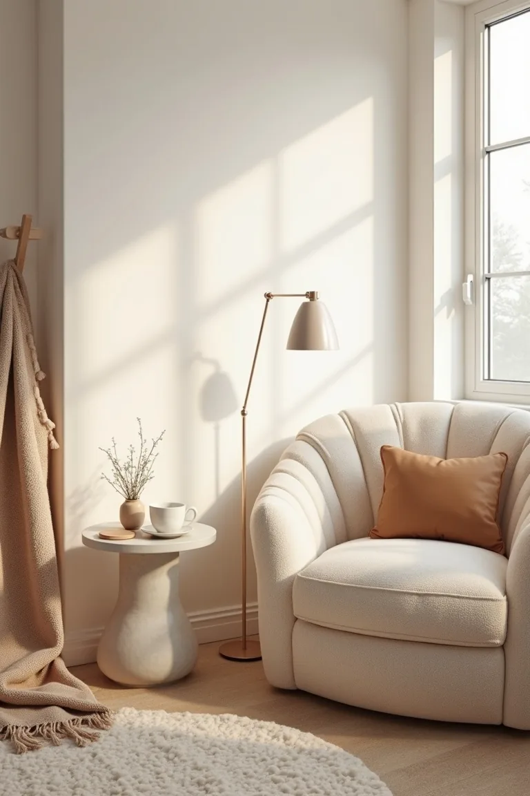 Boucle swivel chair nook with a tea cup, throw and floor lamp