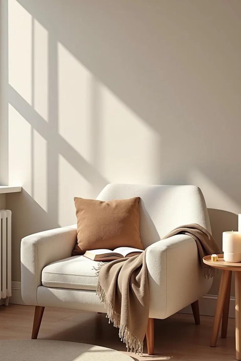 Reading nook detail with a boucle chair, throw and a book