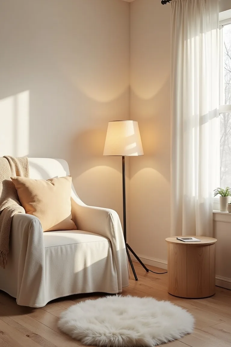 Small reading corner with a slipcovered chair and sheepskin