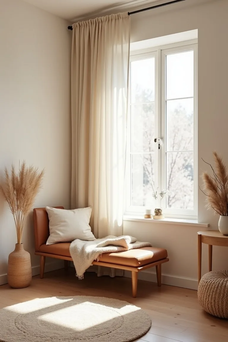 Winter bedroom nook with a tan leather bench and plush throw