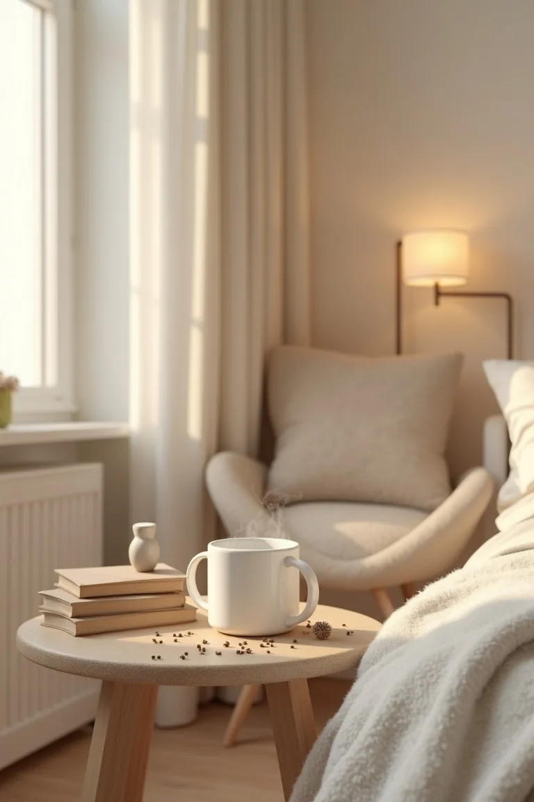 Cozy nook side table with a mug, diffuser and neutral books