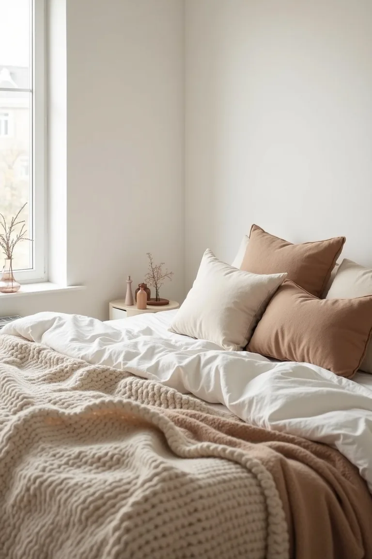 Neutral winter bed layered with linen, chunky knit and faux fur