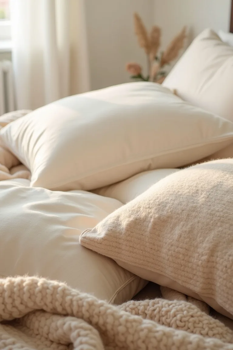 Close-up of mixed bedding weaves in cream and warm stone
