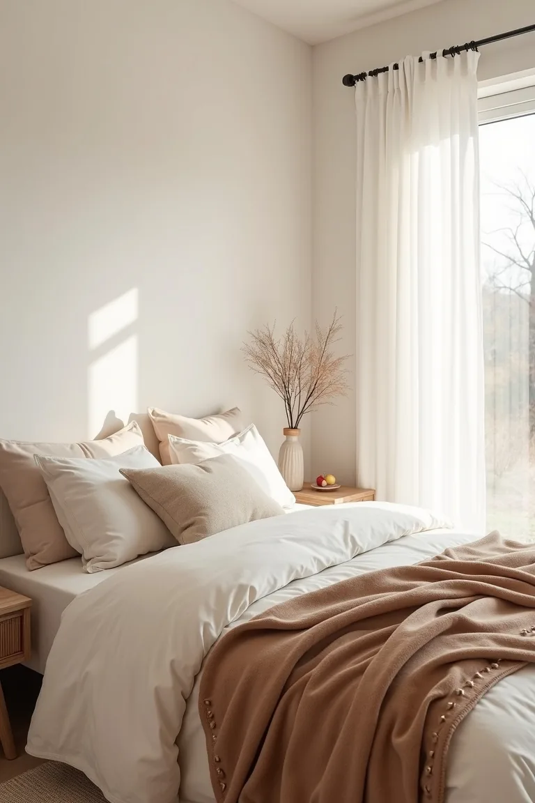 Wide neutral winter bedroom with a beautifully layered bed