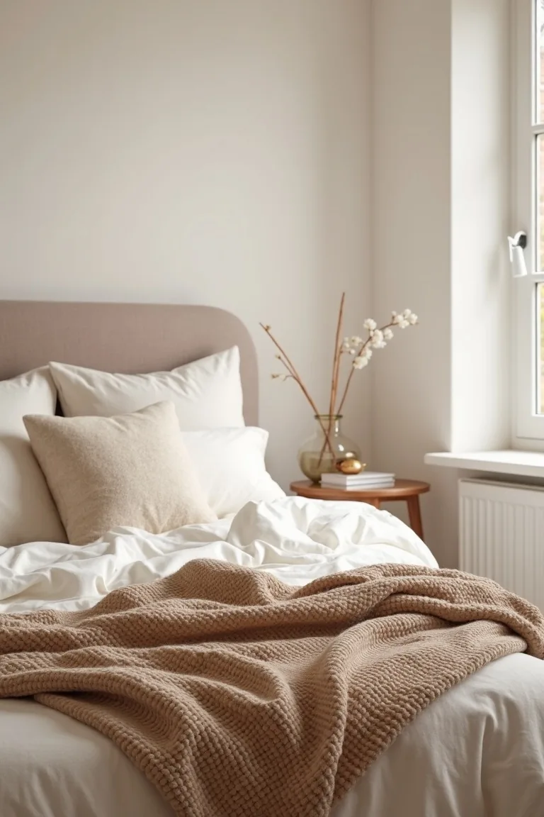 Oatmeal knit blanket folded at the foot of an ivory bed