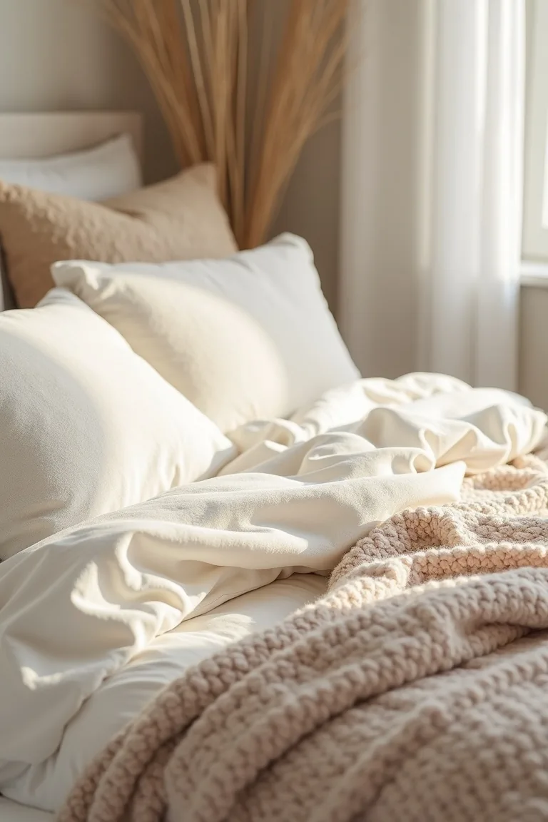 Corner of a winter bed with faux fur over a linen duvet