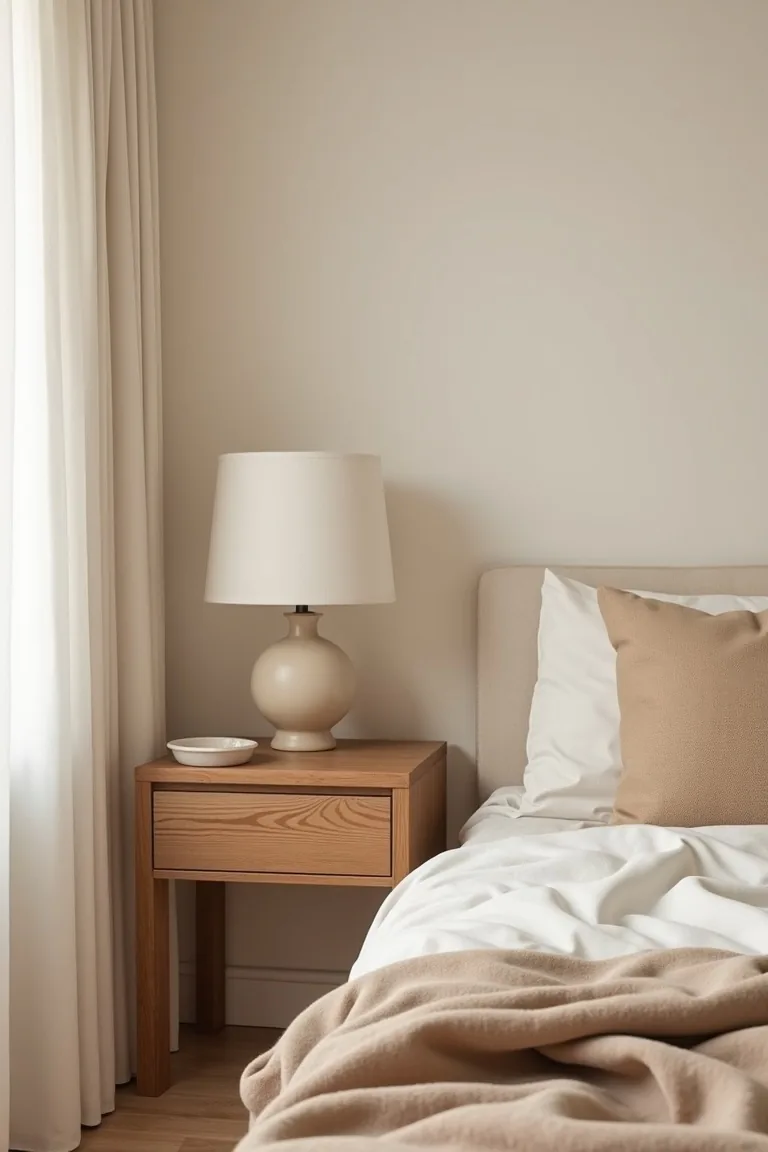 Oak nightstand with a stoneware lamp and travertine dish