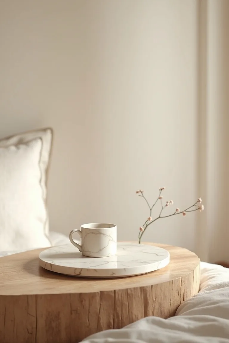 Travertine catchall and marble tray on a warm wood surface