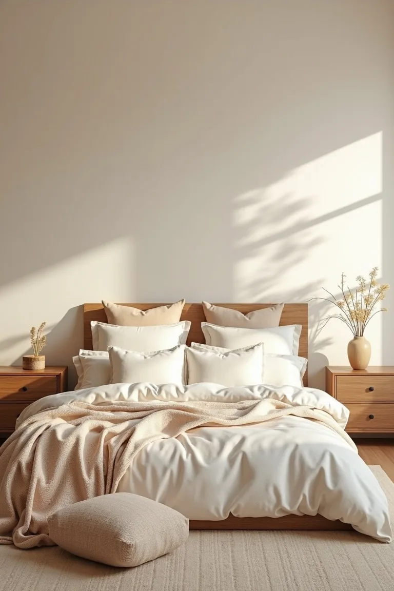 Oak headboard and walnut nightstands anchoring cream bedding