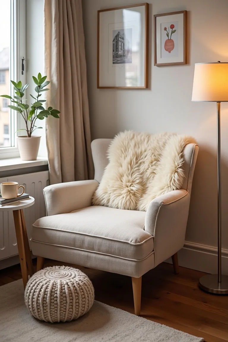 Cozy winter nook with a lounge chair, faux sheepskin, knit pouf and a floor lamp