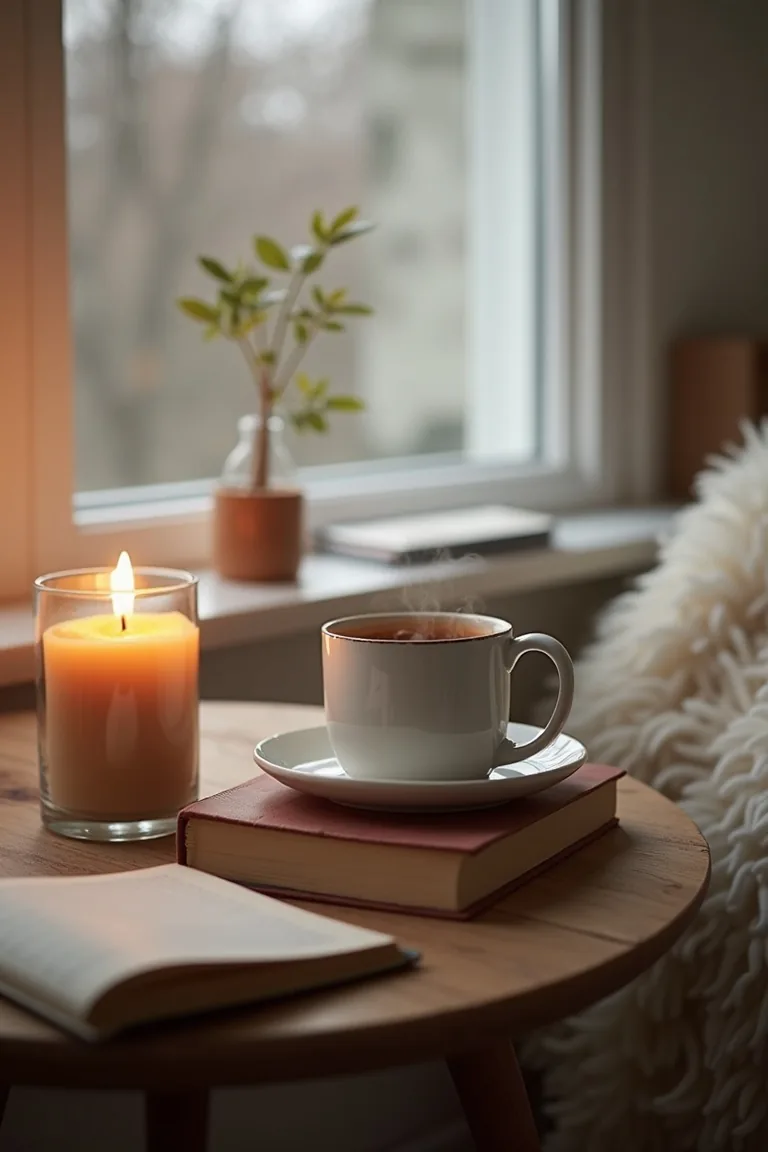 Side table with a steaming mug, a candle and a small stack of books