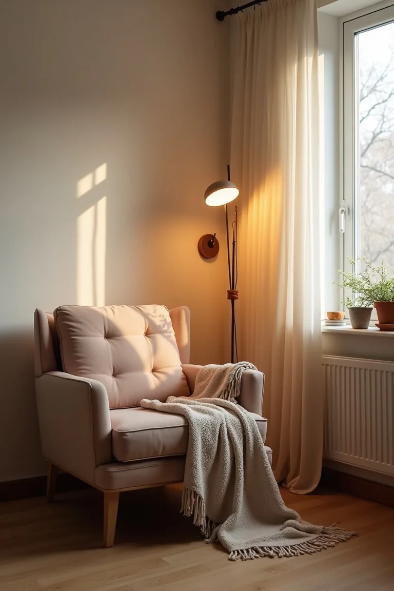 Small corner styled with an armchair, layered throw and a warm floor lamp