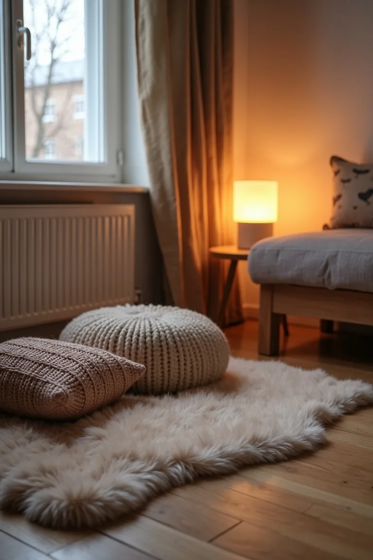 Knitted pouf and faux fur rug in a snug warmly lit corner