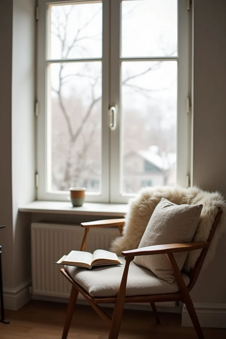 Window-side reading nook with a cushioned chair, sheepskin and a mug on the sill