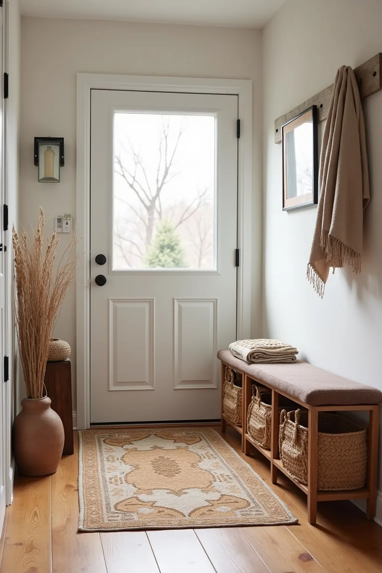 Rental entryway with a coir mat, patterned rug and a bench with woven baskets