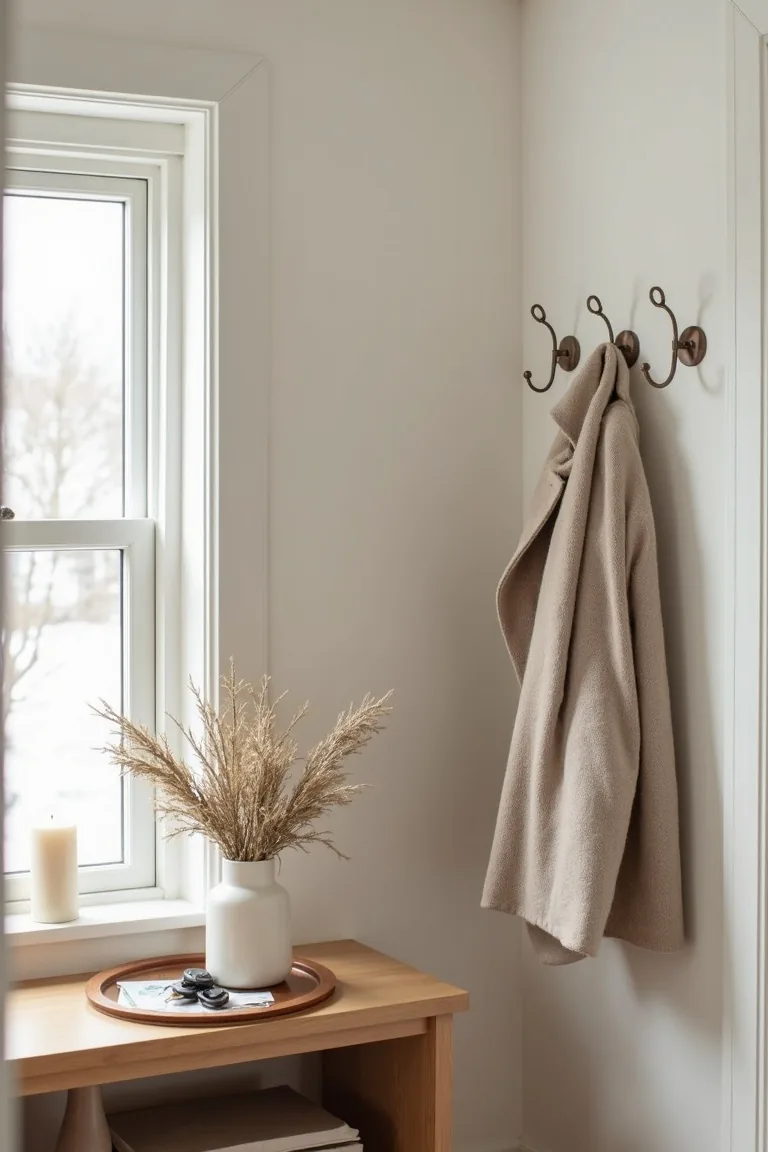Entry console with a key tray, candle, winter greenery and adhesive coat hooks