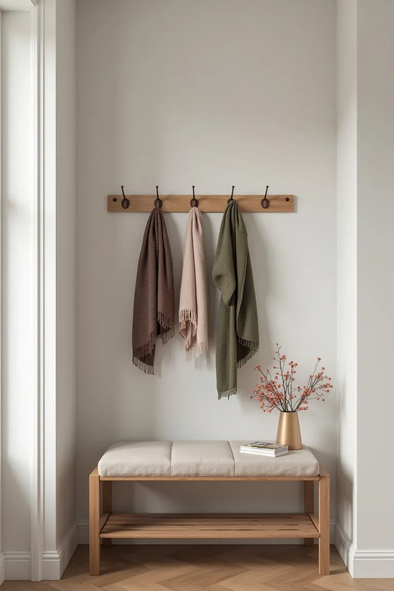 Adhesive wall hooks holding scarves and a coat above a small entry bench