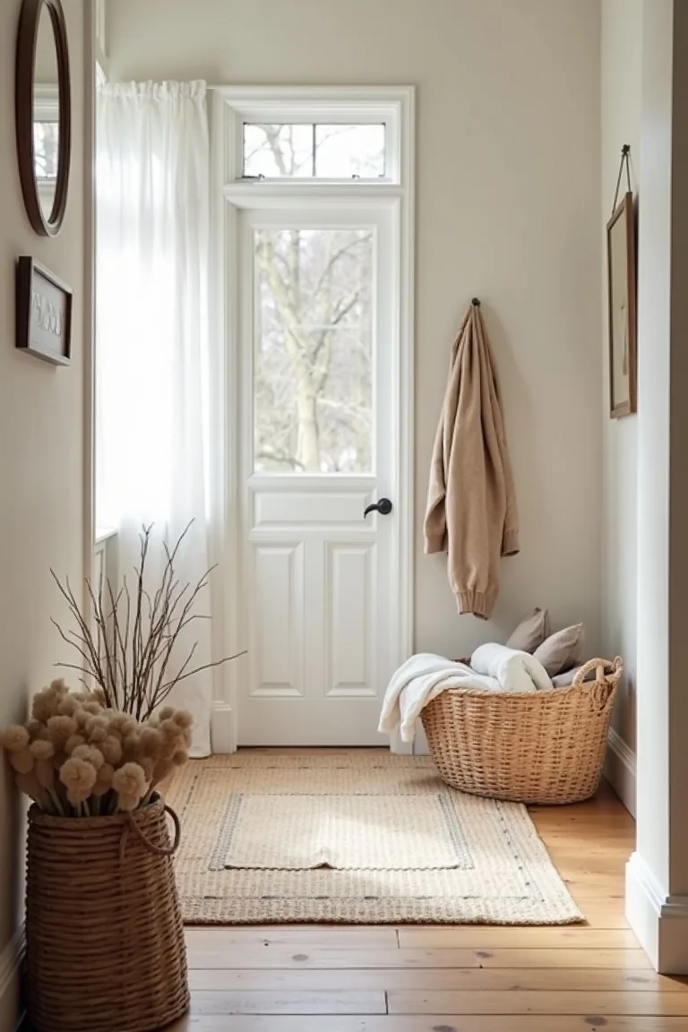 Foyer with a washable runner, a basket of folded blankets and a small mirror