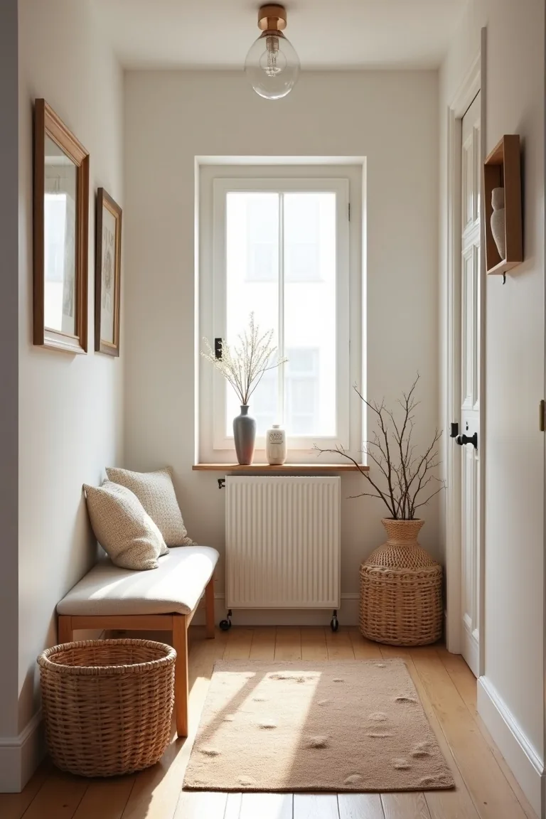 Narrow apartment entry with a bench, woven baskets and a warm-toned rug