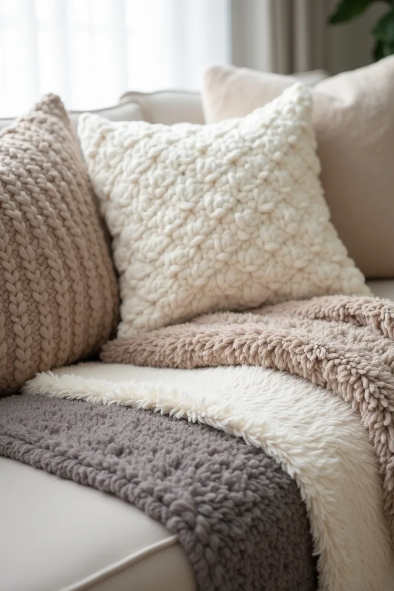 Neutral sofa layered with chunky knit, faux fur and velvet throws in cream and taupe
