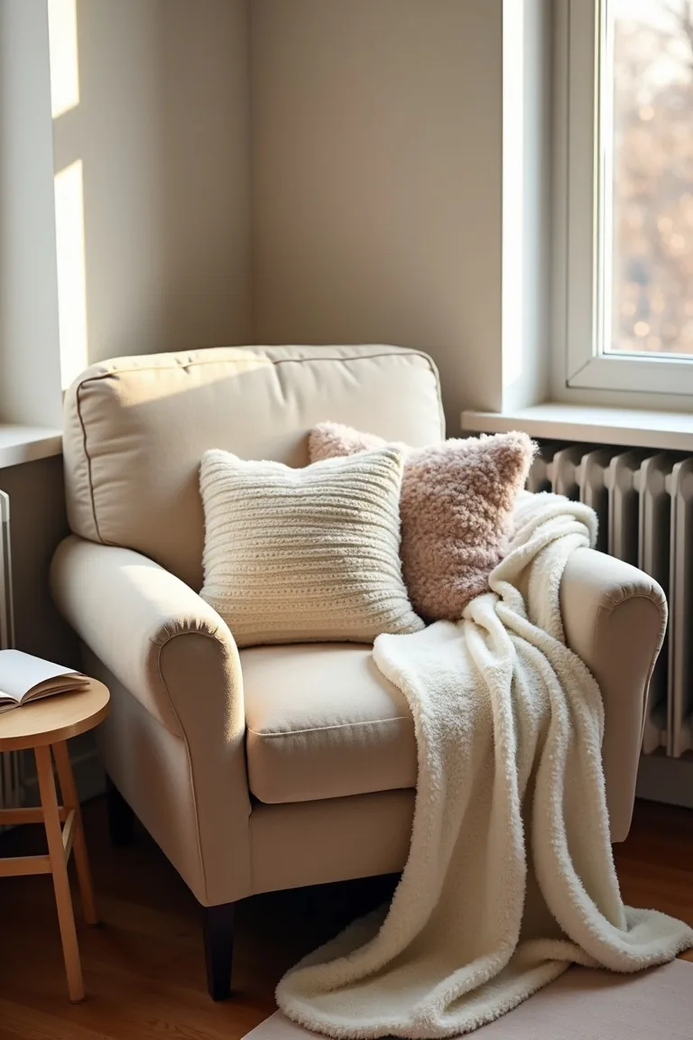 Armchair with a cream sherpa blanket and boucle pillows beside a small wood table