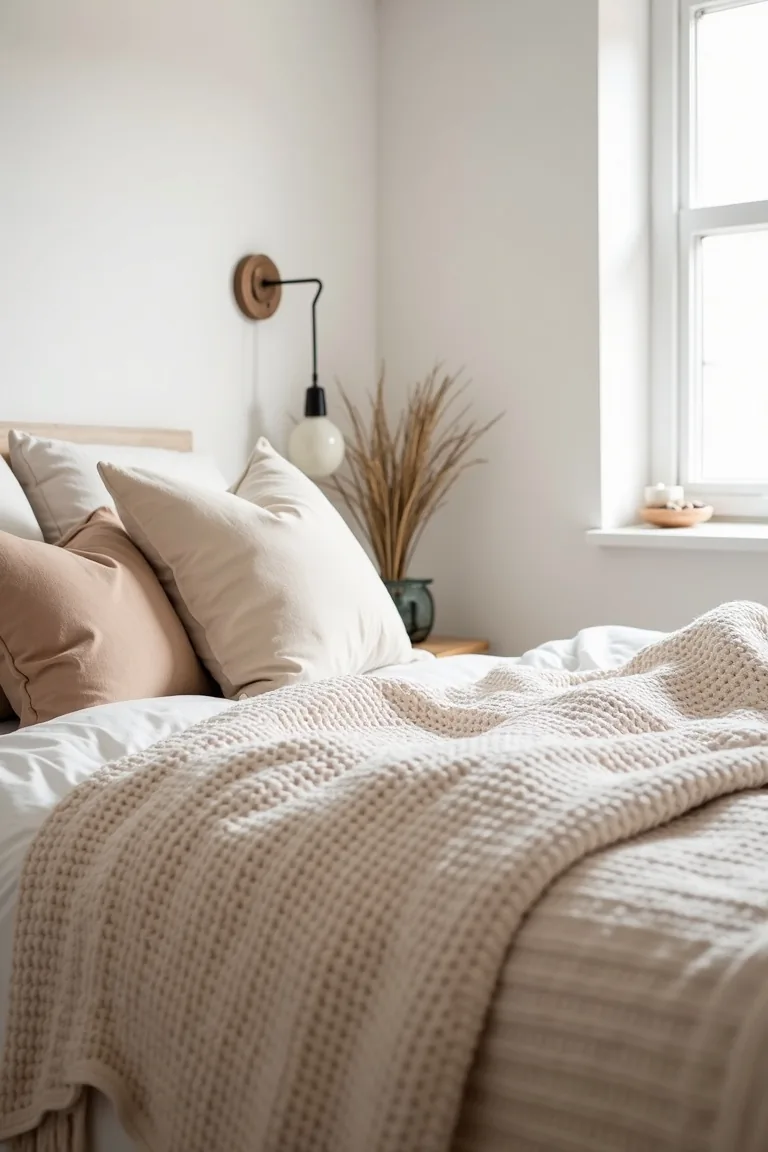 Layered rental bed with waffle-knit blanket, quilt and oatmeal velvet pillows