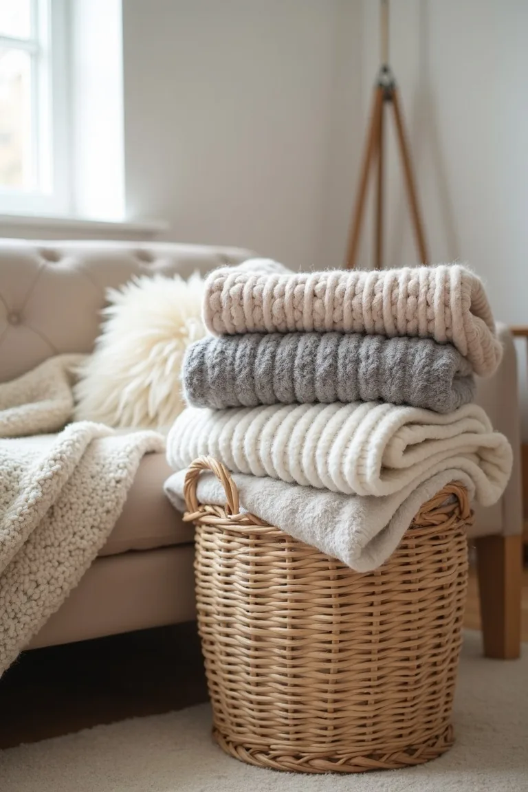 Folded knit and faux fur throws stacked in a woven basket by a sofa