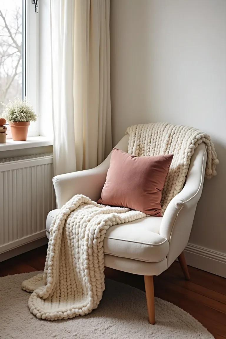 Reading corner with velvet pillow, chunky cream throw and a soft taupe rug